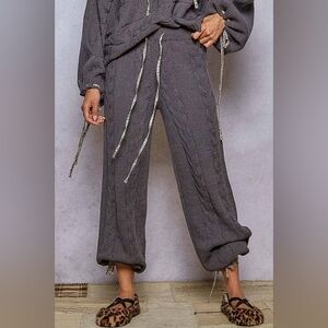 POL Grey Cozy Boho Cable Knit Drawstring Jogger Pants